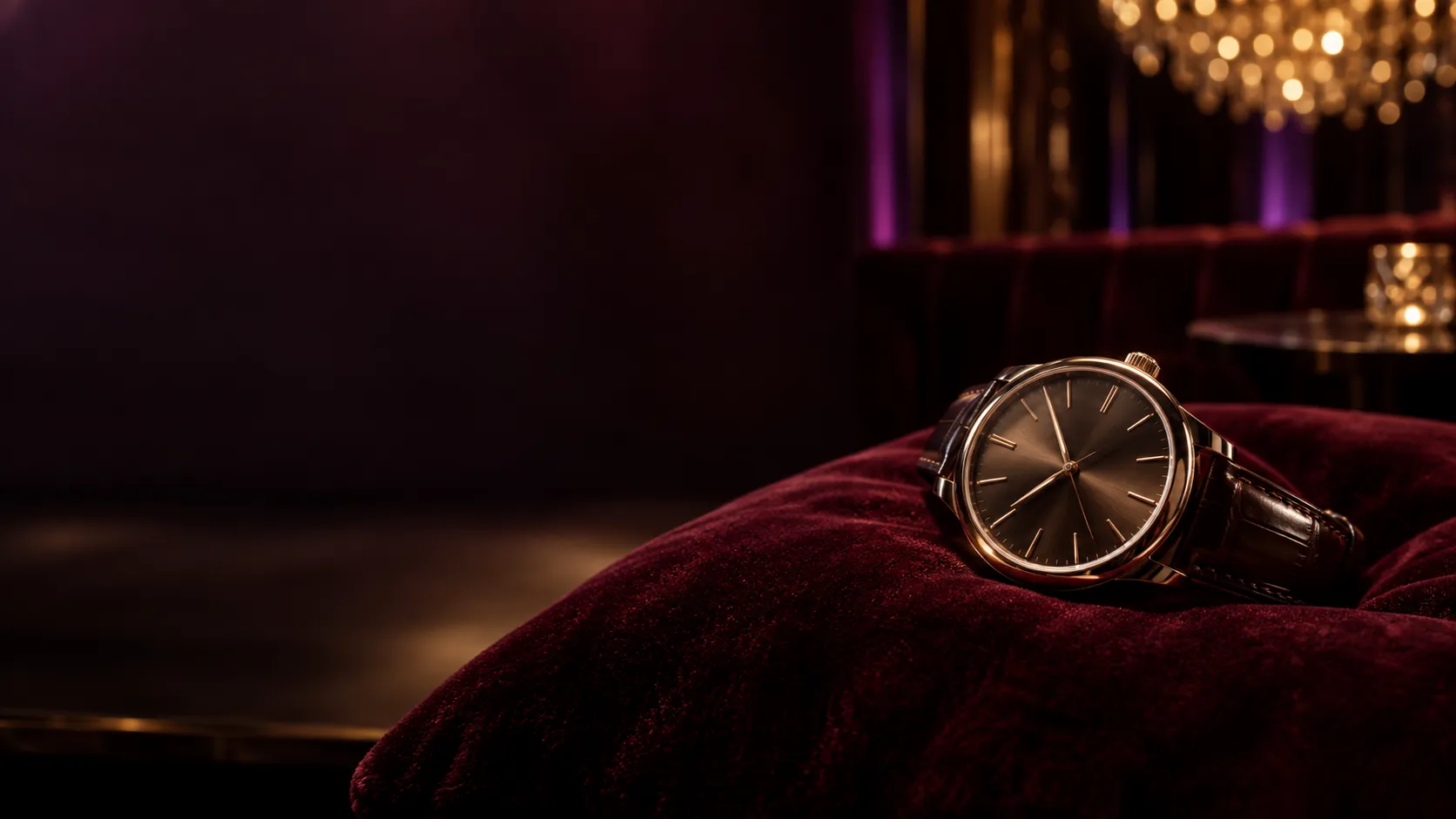 Luxury wristwatch on a velvet cushion in a dim VIP booth