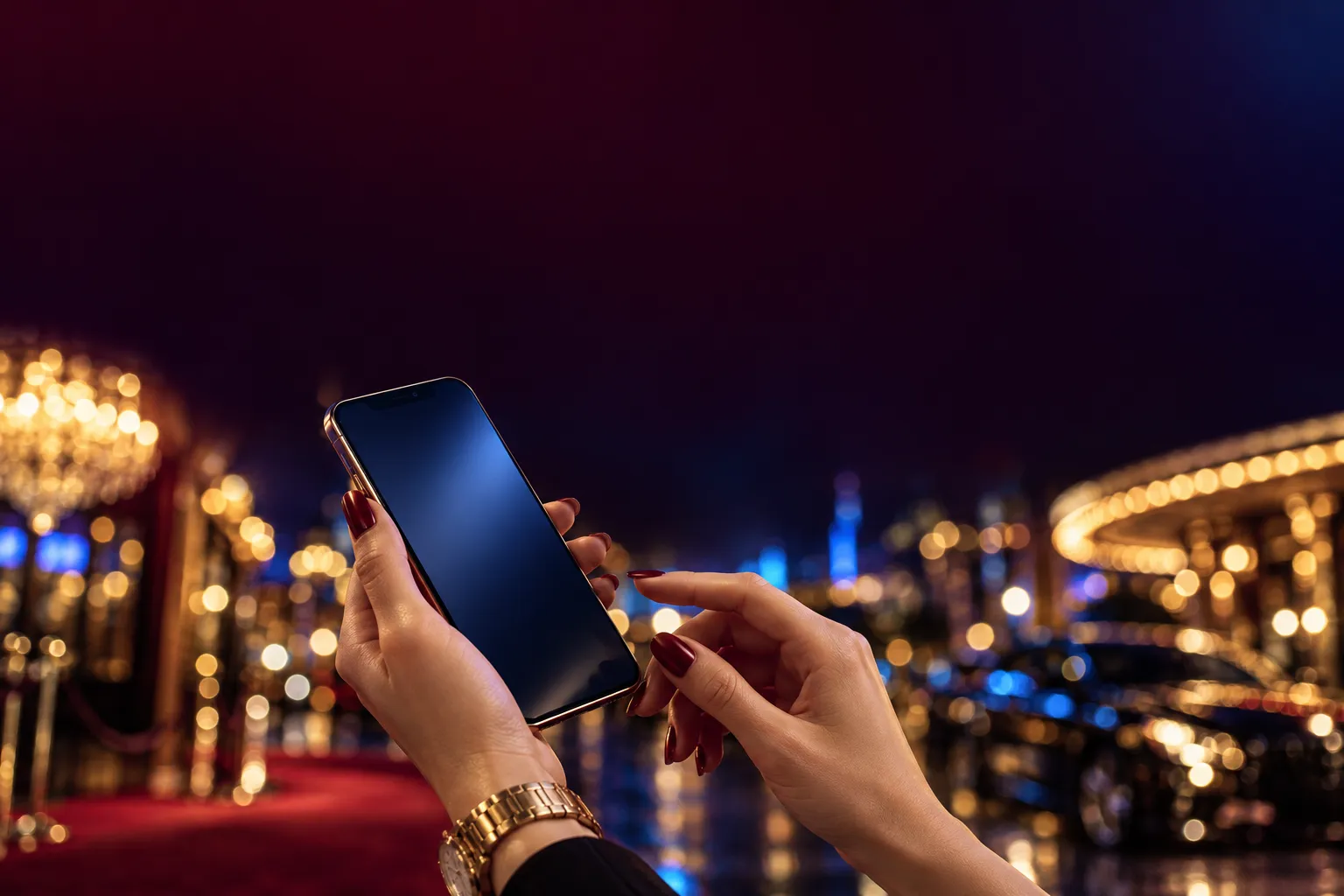 Hands holding a smartphone on a neon casino boulevard