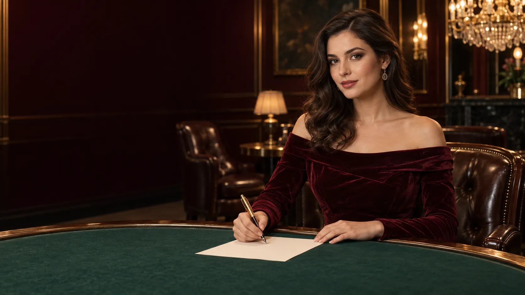 Woman holding a golden fountain pen at a poker lounge table, representing a close read of Here2Win Casino's terms