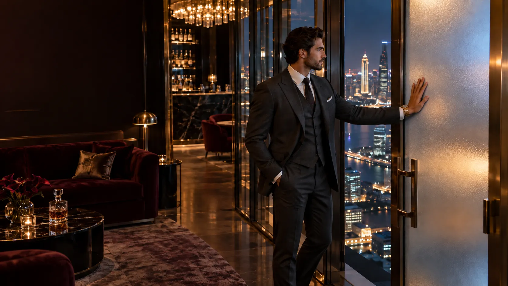 Man resting a hand on a frosted glass door above a city skyline