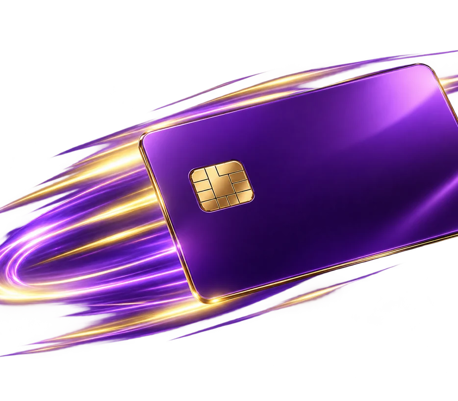 Purple credit card mockup with embossed gold card number and cardholder details