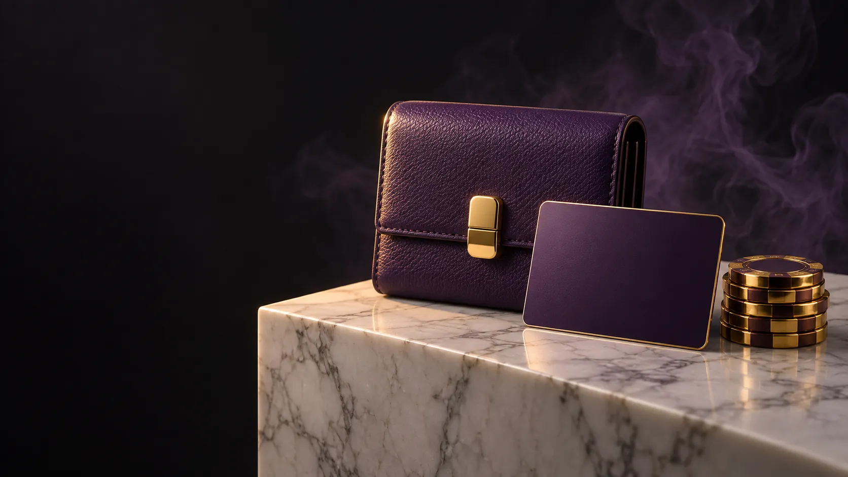 A leather wallet resting on a marble plinth, representing the cashier side of a Here2Win Casino account