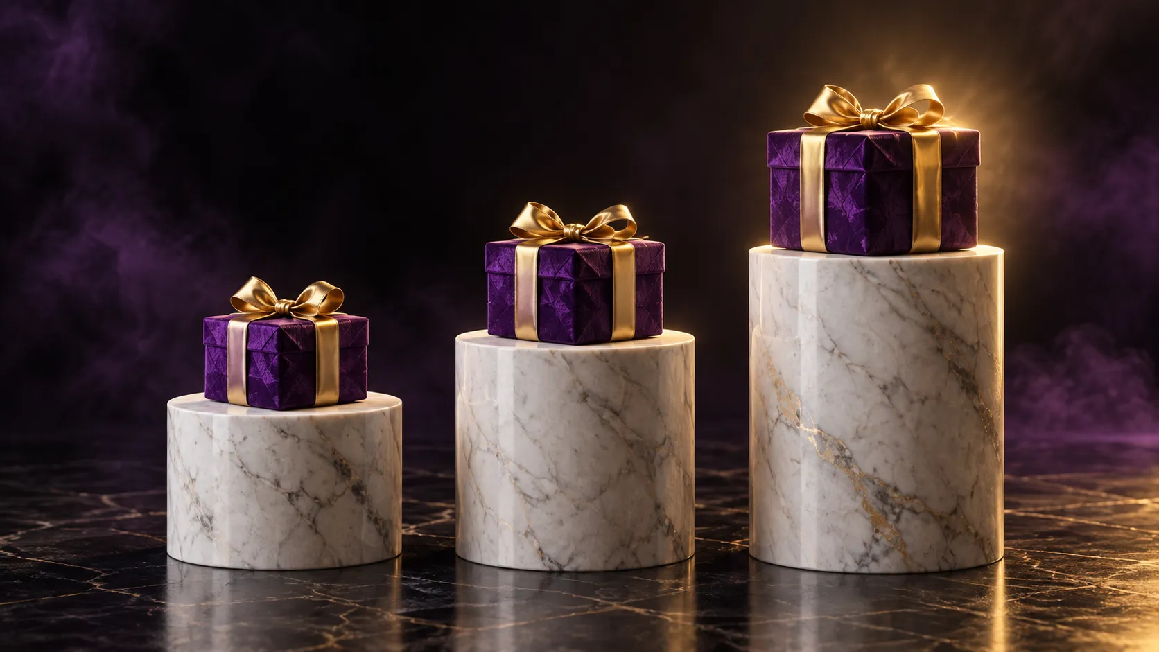 Three pedestals representing the welcome package's four deposit steps