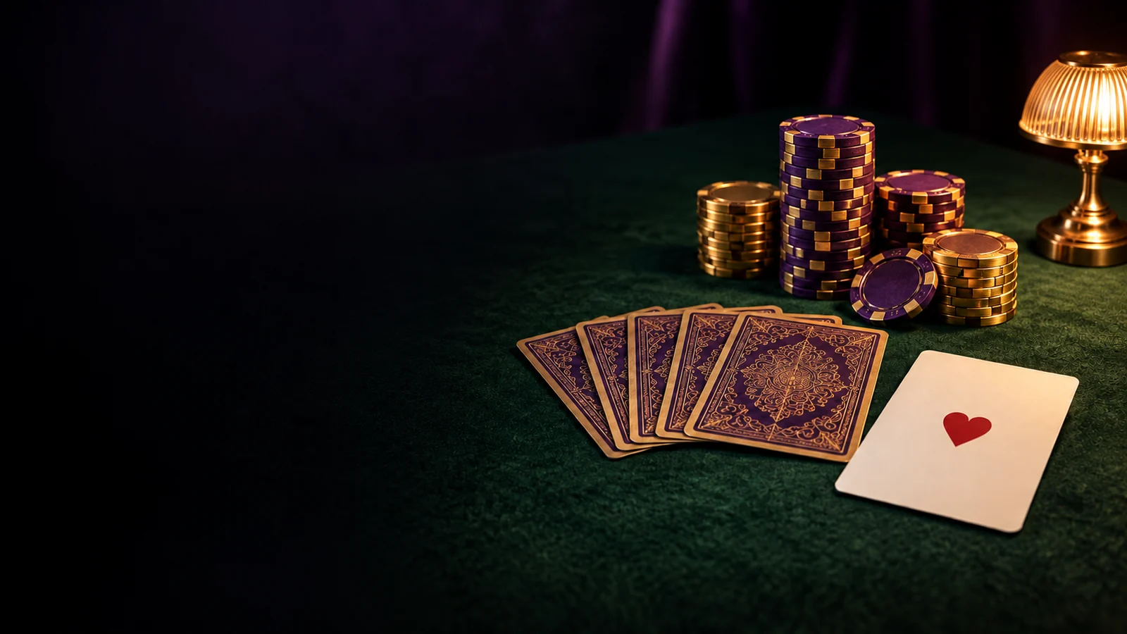 Casino chips and fanned playing cards arranged on green felt