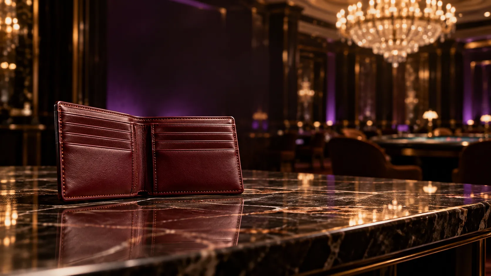 Open leather wallet on marble under chandelier light, standing in for how payments move at Here2Win Casino