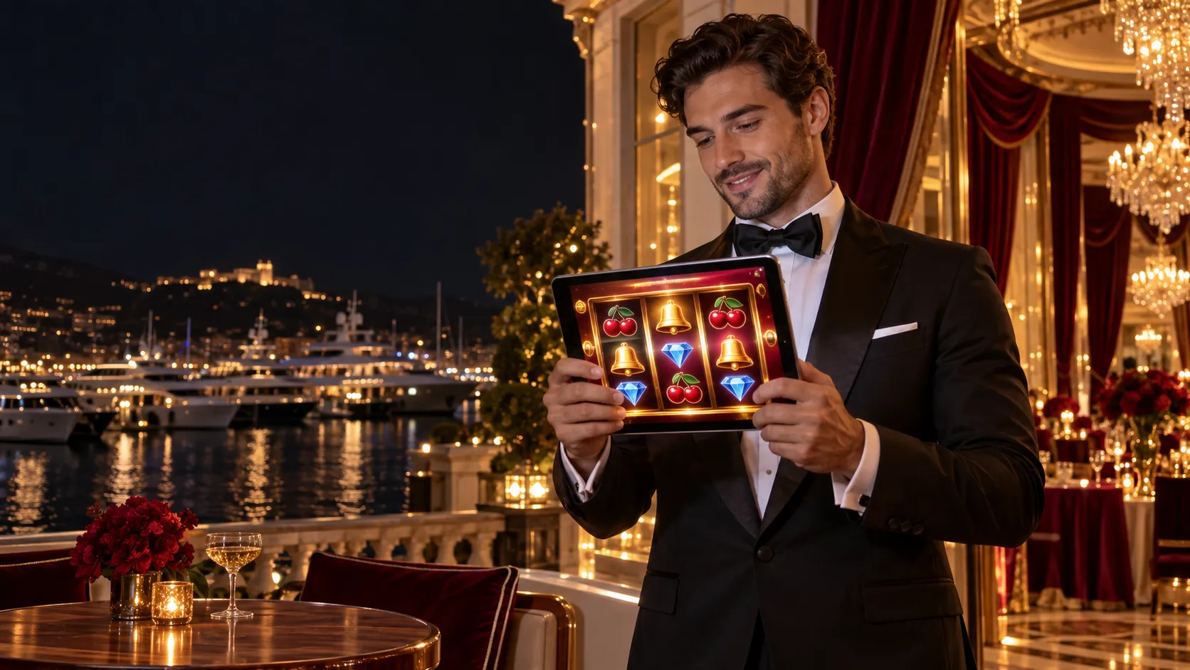 Man holding a tablet showing a slot game interface at a gala terrace